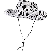 TOPORTY Cow Print Cowboy Hat White and Black Felt Hats with Adjustable Lanyard Cowboy Style Hat for Men and Women