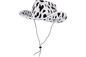 TOPORTY Cow Print Cowboy Hat White and Black Felt Hat with Adjustable Lanyard Cowboy Style Hat for Men and Women
