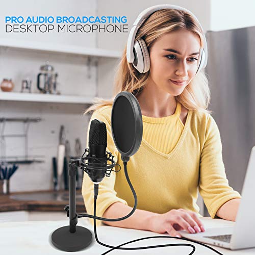 Pyle USB Microphone Podcast Recording Kit - Audio Cardioid Condenser Mic w/Desktop Stand and Pop Filter - for Gaming PS4, Streaming, Podcasting, Studio, YouTube, Works w/Windows Mac PC PDMIKT120