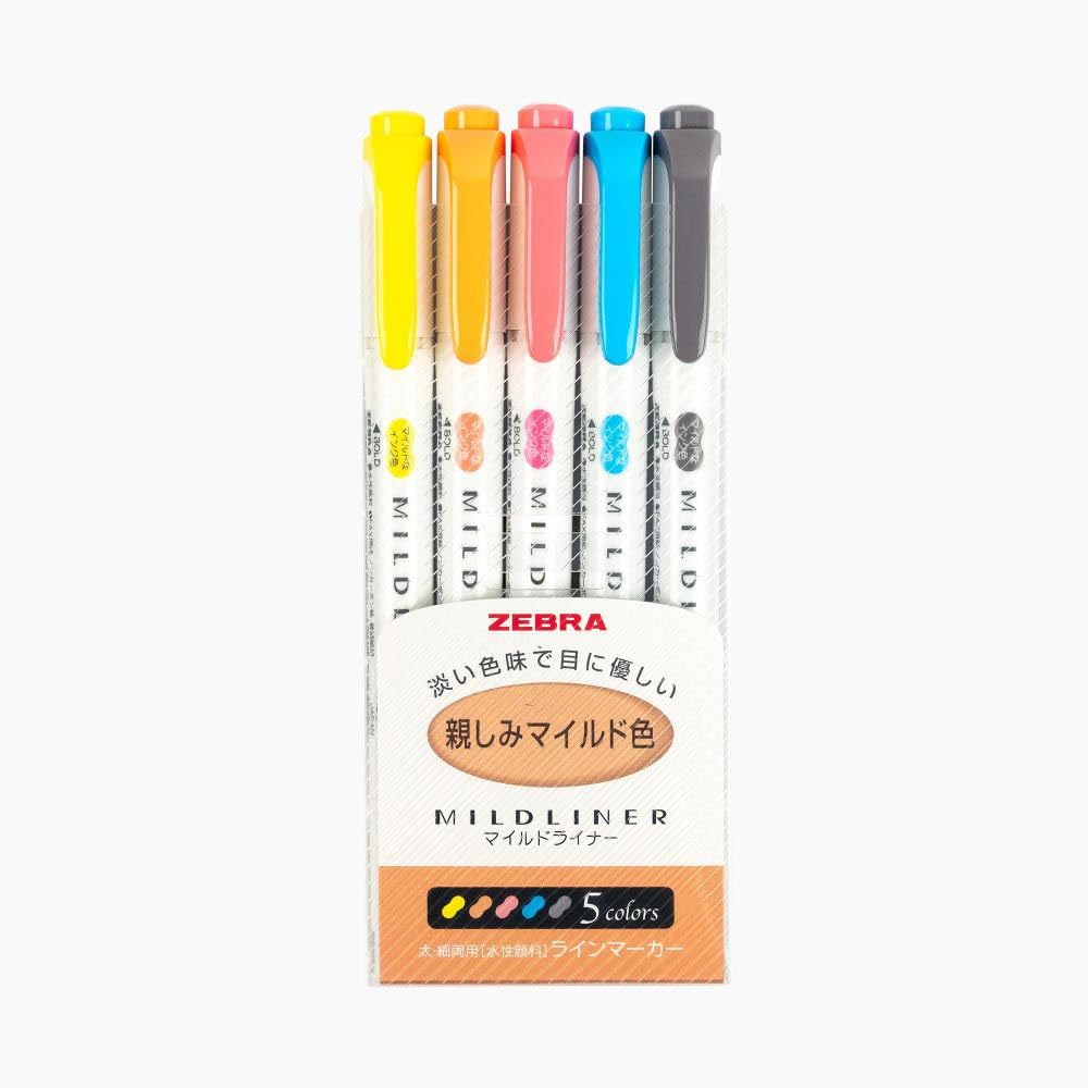 Pack of 5 Zebra Highlighter Mildliner markers with double tips, in soft colours, WKT7-N-5C