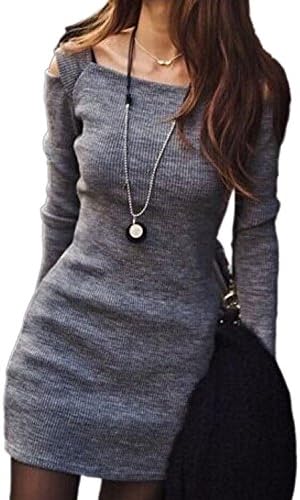 ten is heart Ladies Dress Long Sleeve Tight Slim fit Shoulder Out Sexy Mini Length Spring Autumn Clothes Knit Bodycon (Medium, Gray) Trendy Tall Adult Tight Amazing Sexy Cool Slim Stylish