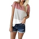 Imily Bela Women's Color Block Striped Patchwork Short Sleeve Loose T-Shirt Top Tees Blouse