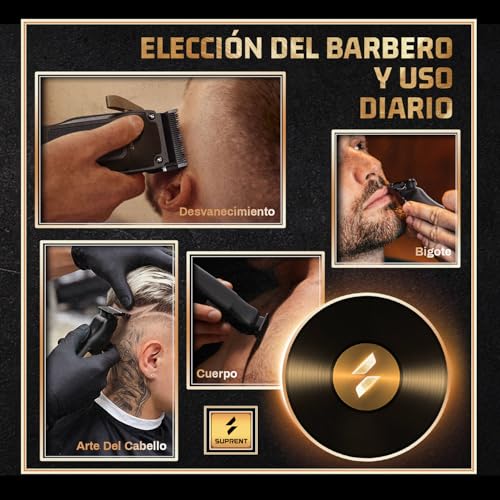 SUPRENT Cordless Man Hair Clipper, Barber Kit With High Speed Motor 7500 RPM, Adjustable Blades, Black Guide Combs And Bag, Black And Gold