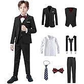 Boys Suits Black Suit for Boy Slim Fit Formal Toddler Kids 7Pcs Vest Dress Pants Blazer Ring Bearer Outfit with Accessory
