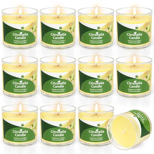 Pack of 12 Citronella Candle Outdoor, 300 Hours Outdoor Citronella Scented Lights, Small Candles, Natural Soy Wax, Citronella Garden Fragrance Candle, Indoor, Outdoor, Summer Gift Set for Camping