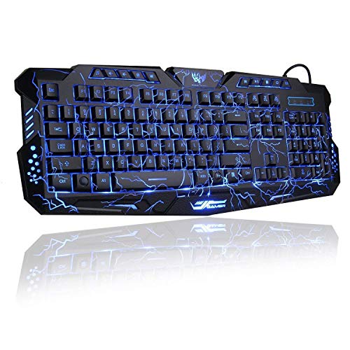BlueFinger Gaming Keyboard,USB Wired Computer Keyboard,114 Keys Letters Glow,3 Color Blue/Red/Purple Led Backlit Keyboard for Game and Work
