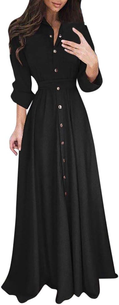 🦋 Women Casual Long Sleeves Shirt Dresses Urbling Turn-Down Collar Solid Color Sashes Empire Maxi Ankle-Length Skirts S-2XL