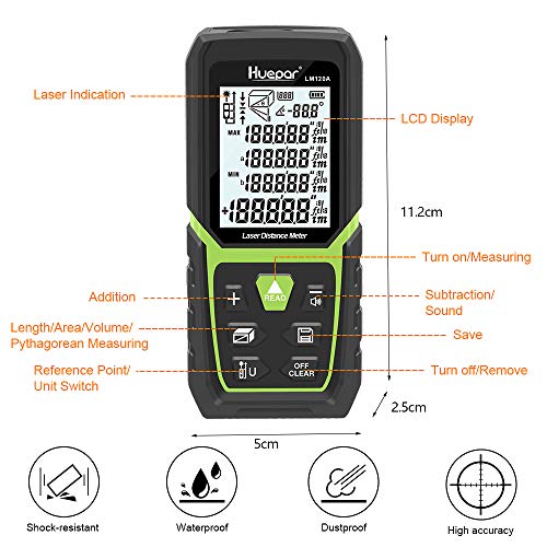 image for Huepar Laser Distance Meter 393Ft with Li-ion Battery & Electric Angle