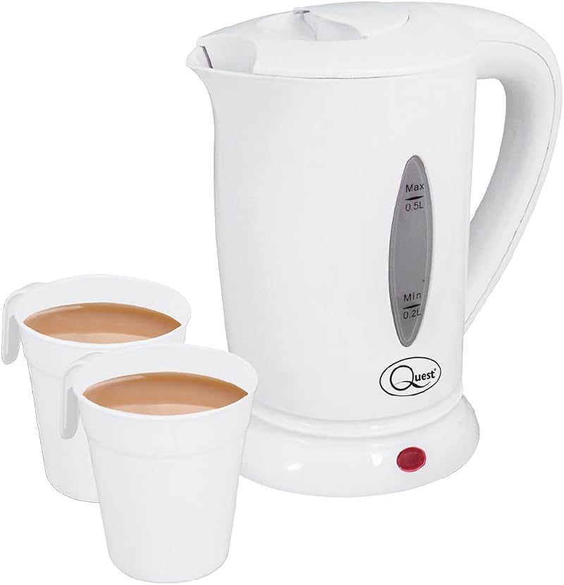Quest White Compact Travel Kettle 0.5L 600W Dual Voltage with 2 Cups