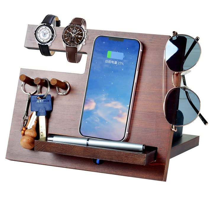 1STKER Gifts for Men - Wood Phone Docking Station Mens Gifts for Christmas Boyfriend Anniversary Birthday Gifts for Him Bedside Organiser Nightstand Key Wallet Stand Xmas Presents for Dad Husband