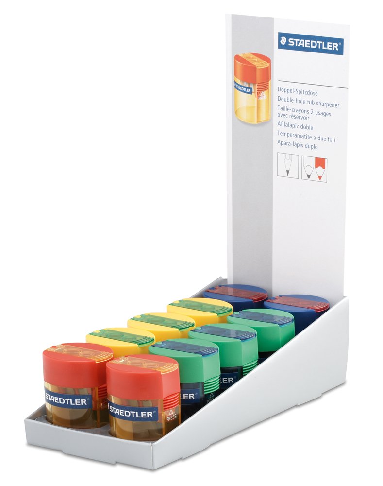 STAEDTLER 512 006 Round Double-Hole Tub Sharpener for Graphite & Colour Pencils up to 10.2mm Diameter - Assorted Colours (Pack of 10)