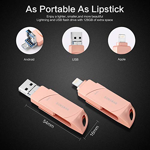 USB Flash Drive 128GB Memory Stick for iPhoneThumb Drive 3in1 iOS Flash Drive External Drive USB Stick Sunswan Compatible iPhone iPad iOS MacBook Android and Computer (Silvre128G-DK)