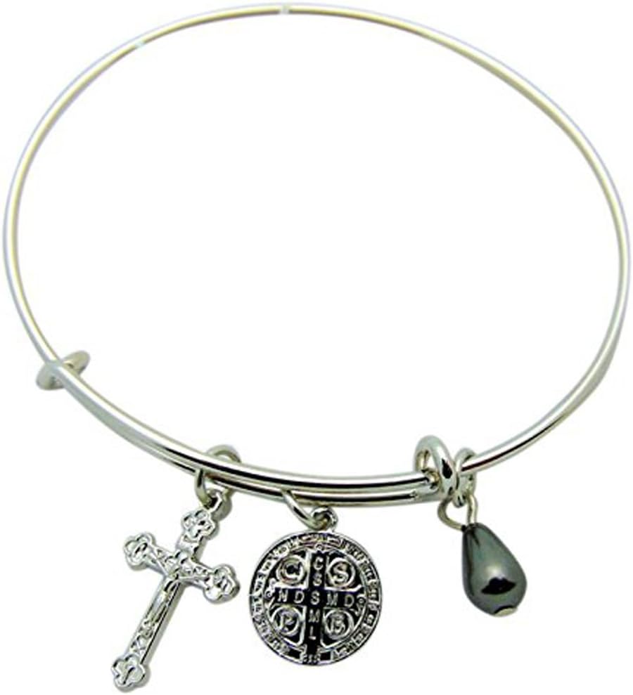 Saint Benedict Bracelet with Cross Bangle Charm Metal Jewelry Boxed, One Size Fits Most