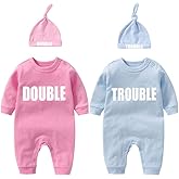 YSCULBUTOL Baby Twins Bodysuits Funny Double Trouble Cute Girl Romper Twin Jumpsuits Hat Set