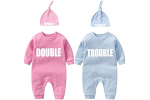 YSCULBUTOL Baby Twins Bodysuits Funny Double Trouble Cute Girl Romper Twin Jumpsuits Hat Set