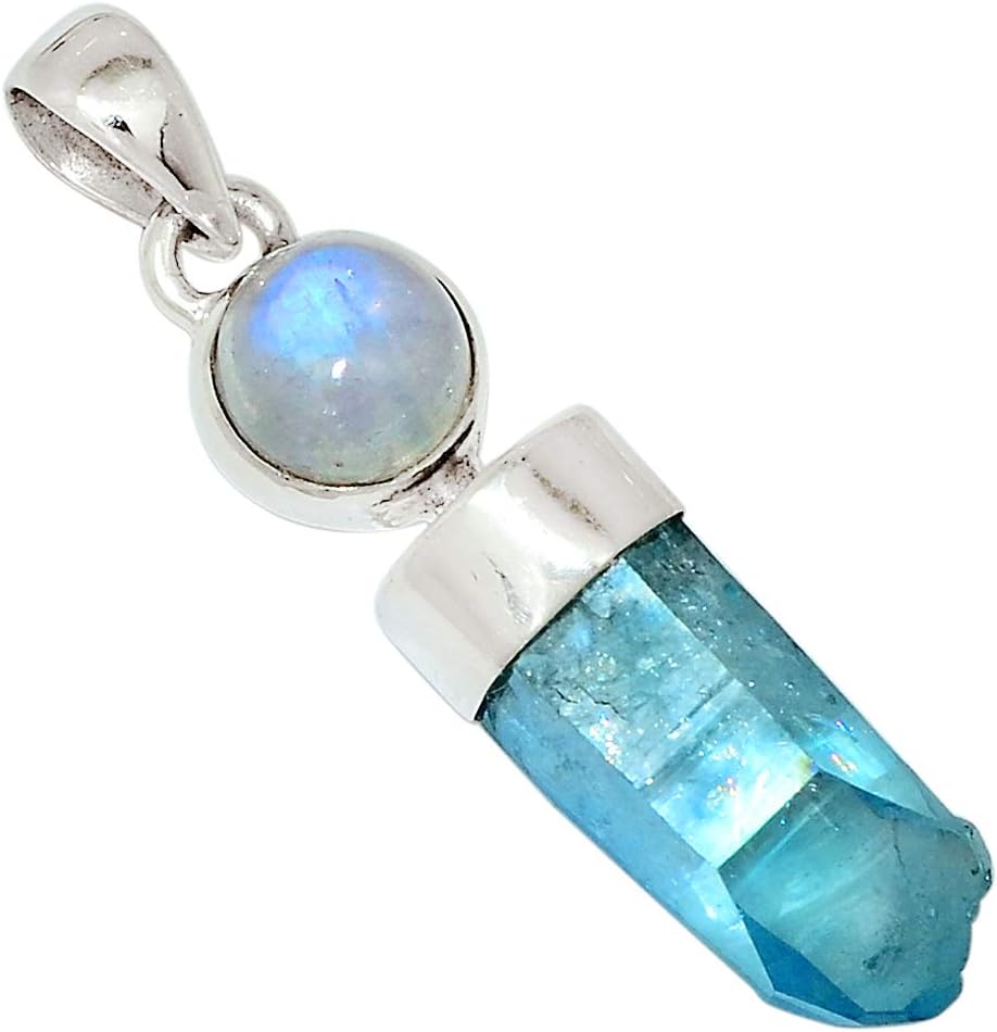 Xtremegems Aqua Aura Quartz - USA & Moonstone 925 Sterling Silver Pendant Jewelry 1 5/8" 31457P