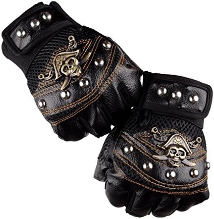 EBRICKON Skeleton Motorcycle Motorbike Leather Racing Gloves Half Fingers Pirate skull Gloves(Black/Red/Blue)