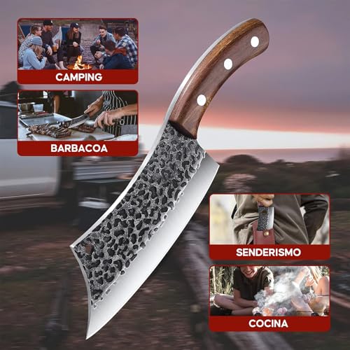 Cuchillo Vikingo Martillado de Acero de Alto Carbono, Cuchillo Carnicero Forjado a Mano con Vaina, para Hogar, Camping, Barbacoa, Restaurante, Corte de Carne