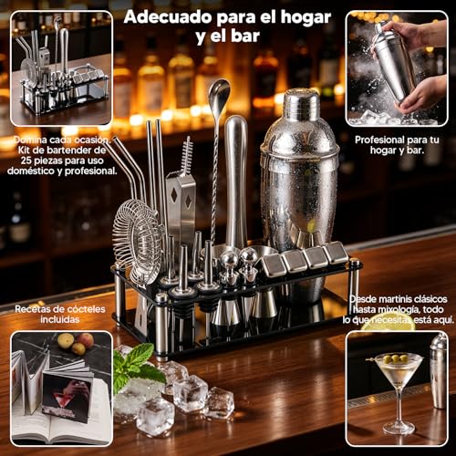 Garselay 25 Pcs Cocktail Bartender Kit,Shaker Cocktail de Acero Inoxidable de 750ml,Coctelera Kit con Soporte de Acrílico y Folleto de Recetas de Cóctel,Herramientas Profesionales de Kit de Bartender
