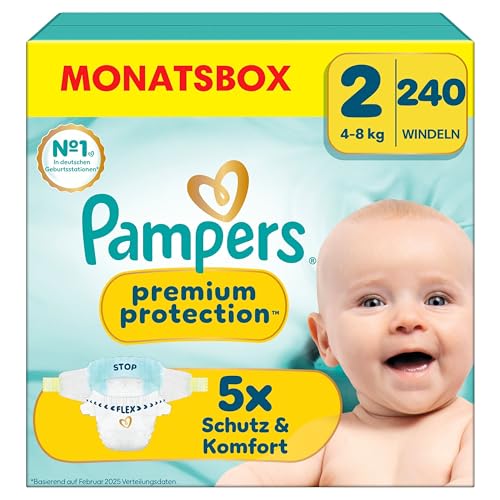 Pampers Premium - Proteccion de tamano 2, capas X240, 4 kg – 8 kg, nuestro número 1 para la comodidad y la proteccion de las pieles sensibles