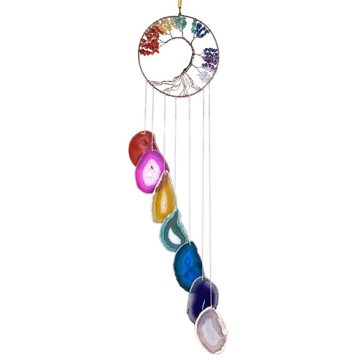 KYEYGWO 7 Chakra Healing Crystal Wall Hanger Ornament Handmade Tree of life with Agate Slice Wind Chime for Window Home Wedding Souvenir Decoration