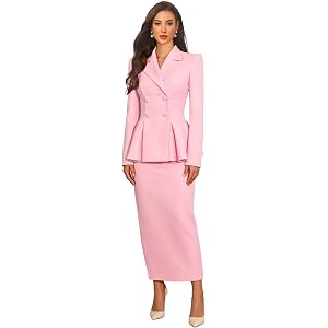 2 Piece Skirt Suit Women Notched Lapel Long Sleeve Peplum Blazer | Formal 2 Piece Business Suit,High Back Slit Midi Pencil Sk