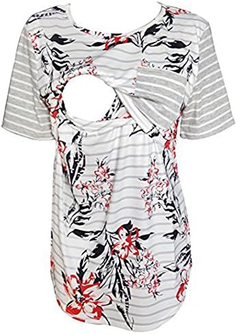 Women's Striped Breastfeeding Tops Floral Print Short Sleeve Maternity Nursing Shirts (Gray, XL)