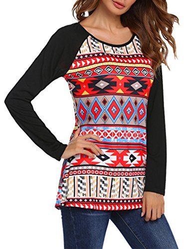 Women's Casual Ethnic Patchwork Baseball Tees Loose Athletic Jersey Tops (Black,XXL)