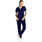 Minty Mint Women's Solid Stretch Medical Uniform Scrub Set V Neck Top Cargo Tapered Jogger Pants Indigo Blue XL