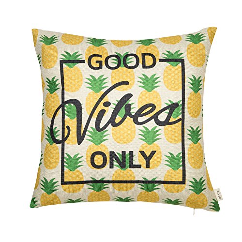 Fjfz Good Vibes Only Pineapple Motivational Sign Inspirational Quote Cotton Linen Home Decorative Throw Pillow Case Cushion Cover with Words for Sofa Couch, Gold Yellow, 18" x 18"