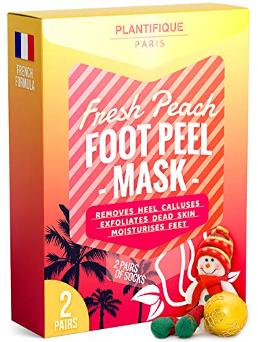 Plantifique Foot Peel Mask - 2x Pairs of Baby Foot Peeling Masks for Callus Removal, Dead Skin and Cracked Heel Treatment - Unisex Peach Scented Foot Care Scrub Booties to Get Baby Soft Feet in 7 Days (Best Way To Remove Calluses From Bottom Of Feet)