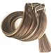Hair Extensions Clip in Human Hair Middle Brown with Blonde Balayage Soft Straight Clip in Hair Extensions 20 inches 70g 7 Pcs Double Weft Natural
