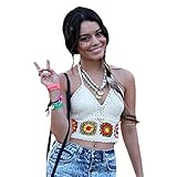 ROPALIA Womens Sexy Crochet Knit Tassel Halter Bralette Crop Blouse