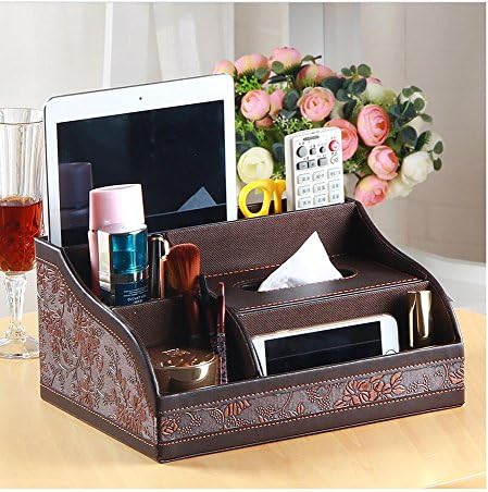 Remote organizer Remote holder tissue box holder make up organizer desktop storge PU leather (Brown)
