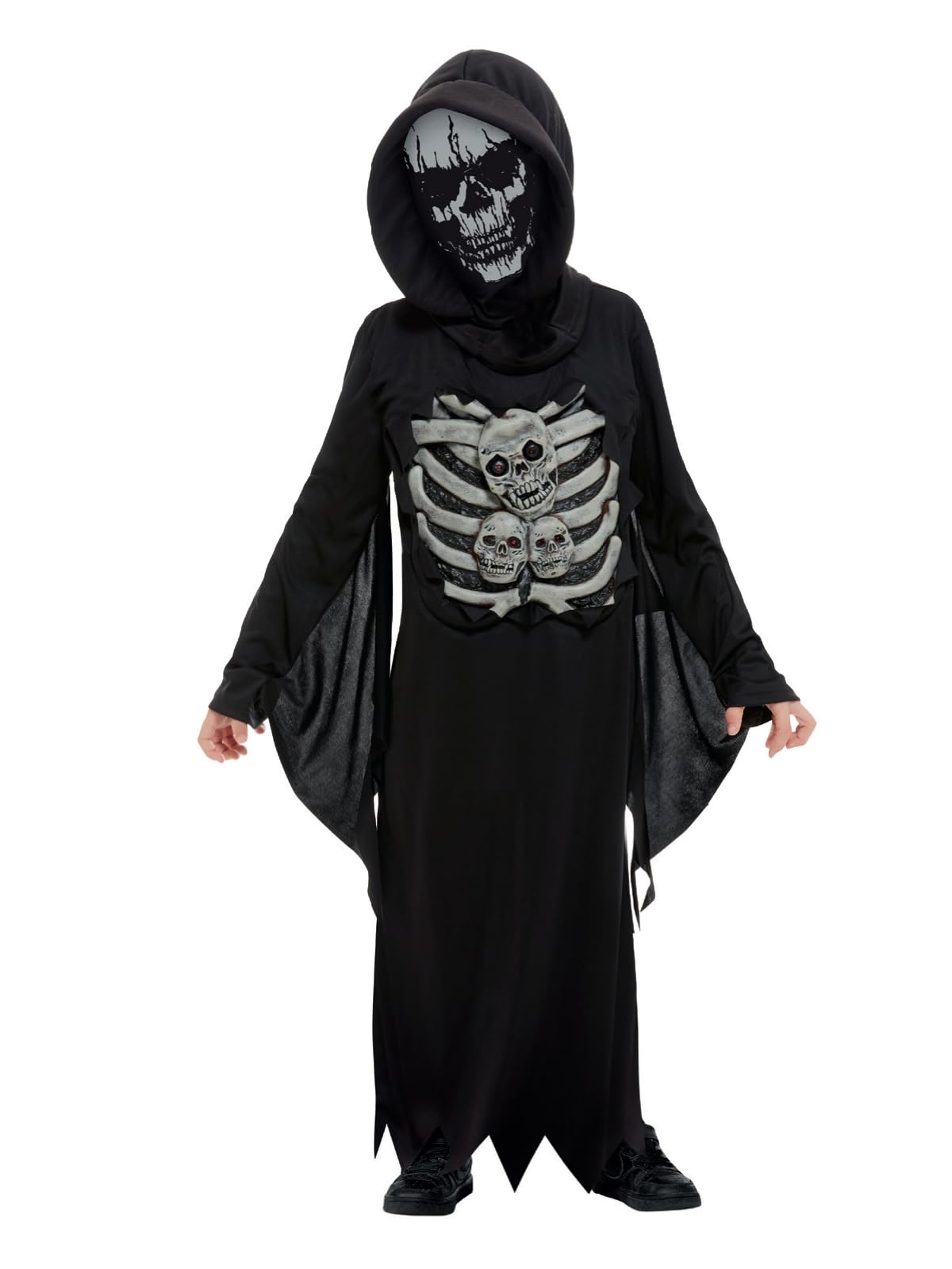 Smiffys Skeleton Reaper Costume, Black with Robe & Hooded Mask, Halloween Child Fancy Dress, Skeleton Dress Up Costumes