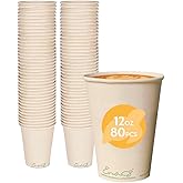 100% Compostable Disposable Coffee Cups [12oz 80 Pack] Paper Cups Made from Bamboo, Eco-Friendly, Biodegradable Premium Party Cups, Natural Unbleached by Earth's Natural Alternative