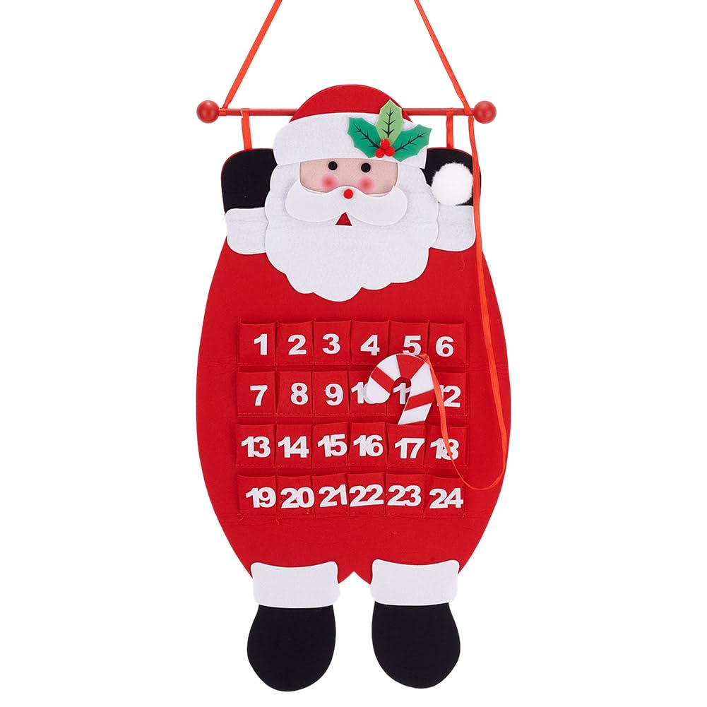 GOMAKERER 1 Pc Santa Christmas Advent Calendar 2024, Number 1-24 Pocket 3D Felt Hanging Advent Calendar with Crutch Reusable Countdown to Christmas Calendar for Xmas Decorations Gifts