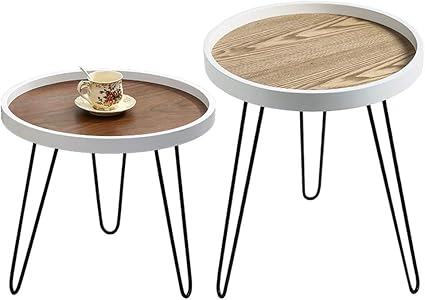 Nordic Minimalist Coffee Table Set Of 2 High And Low Side Table Combination Wooden Tabletop With Enclosure Solid Wrought Iron Wire Frame Creative Decorative Furniture Round Amazon Co Uk Kitchen Home