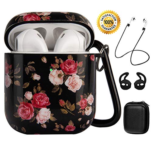 Cute Airpods Case with Floral Design,OLEBADN Portable and Shockproof Sleeve for Women and Girls, 5 in 1 Accessory Set Compatible for Airpods 2&1 Front LED Visible (Small Rose)