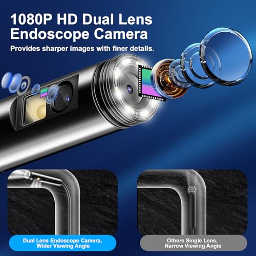 AURTEC Dual Lens Endoscope Inspection Camera, Dual HD Lens, IP68 Waterproof, 16.5FT/5M Semi-Rigid Cable, Borescope Camera with LED Lights, Compatible with Android and iOS Devices