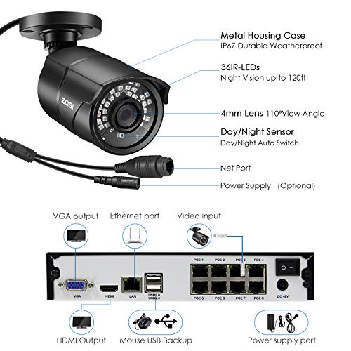 ZOSI 1080p H.265+ PoE Home Security Camera System Outdoor Indoor,8CH 5MP PoE NVR Recorder and (4) 1080p Surveillance… - Image 3
