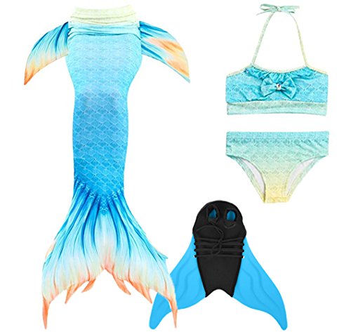Kids Girls Sparkle Mermaid Tail with Monofin Swimmable Swimwear 4pcs Sets for Kids 3~10Years (110 (4-5 Years), A-Beige Blue)