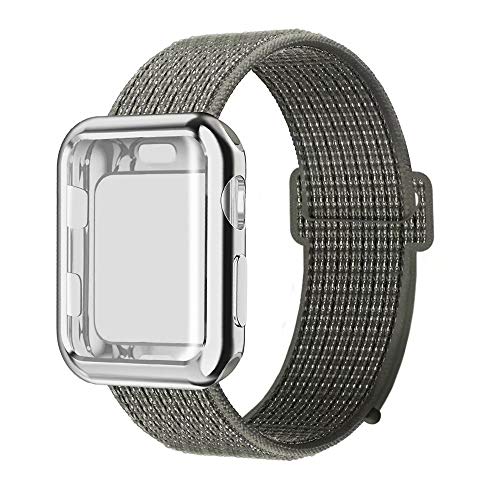 QIENGO Compatible with Apple Watch Band with Case 44MM, Soft Nylon Strap with Silicone Screen Protector, Replacement for iWatch Sport Series 4 (Spruce Fog, 44mm)