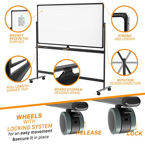 Dry Erase Whiteboard Easel on Wheels 70'' x 36'' Large Double Sided