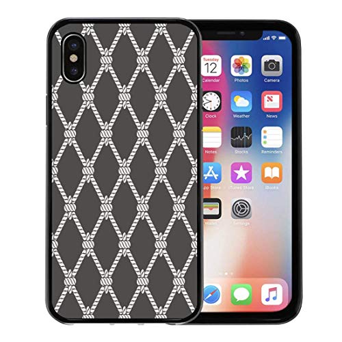 Emvency Phone Case for Apple iPhone Xs case,Nautical Rope Knot Pattern Marine Mesh on Dark Ocean in Modern Flat Endless Navy Abstract for iPhone X Case,Rubber Border Protective Case,Black