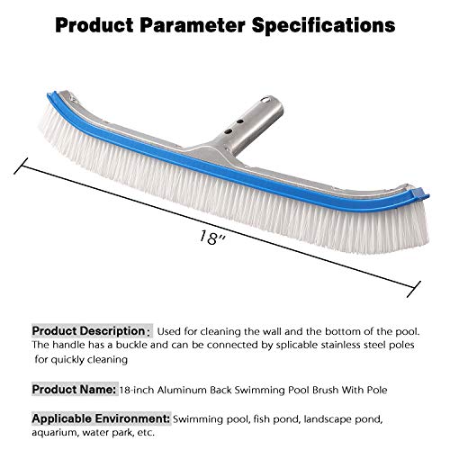 Pool Brushes for Cleaning Pool, 8 FT Splicable Pole with 18" Polished Aluminum Back Brush Head for Cleaning Swimming Pool Wall, Floors & Tile