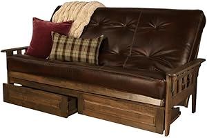 KODIAK FURNITURE Kodiak Tucson Queen Futon Frame with Storage Drawers - Wood Futon Set with Mattress Included in Java Brown Faux Leather Mattress