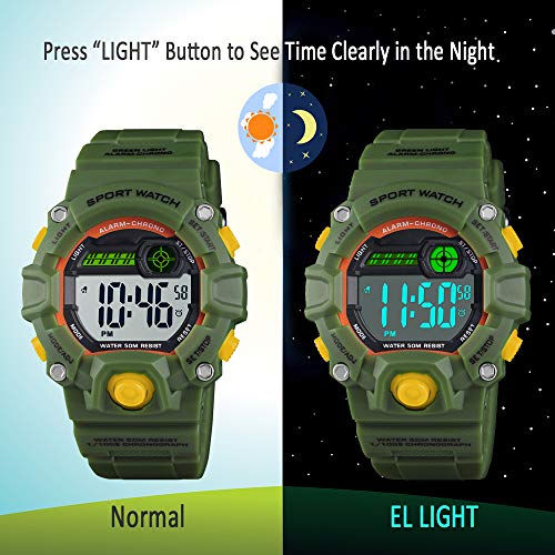 Venhoo Kids Digital Watches Outdoor Sport Waterproof Electronic LED Alarm Stopwatch Wrist Watch for Kids Boys Girls-Army Green - Thumbnail 3
