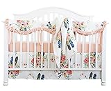 Sahaler Crib Rail Guard Set Boho Floral Nursery Baby Bedding Ruffled Crib Skirt Crib Rail Cover Set (Ruffle Feather Floral)