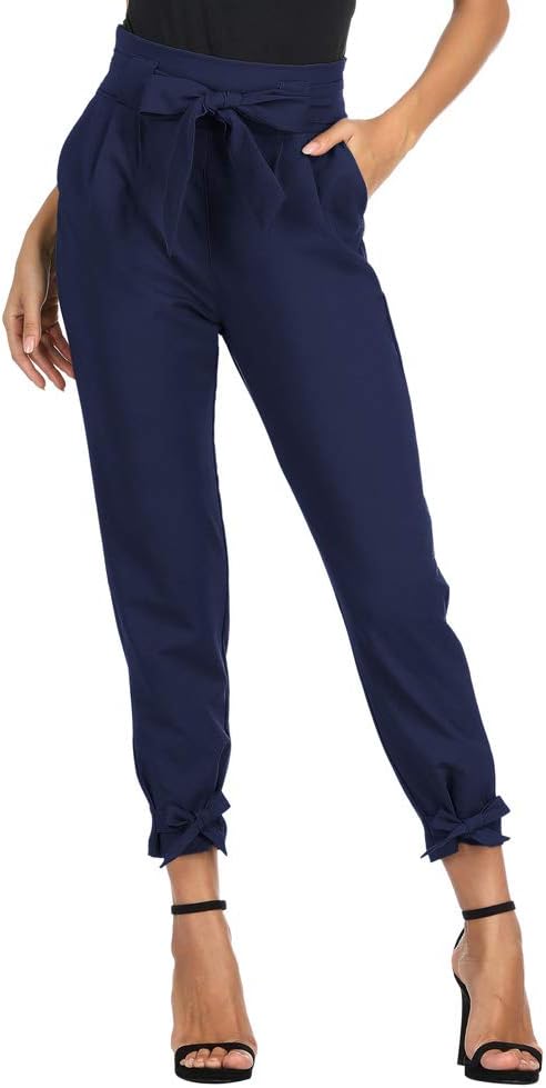 GRACE KARINWomens Elastic High Waist Cropped Trousers Bow Tie Paper Bag Trousers with Pockets